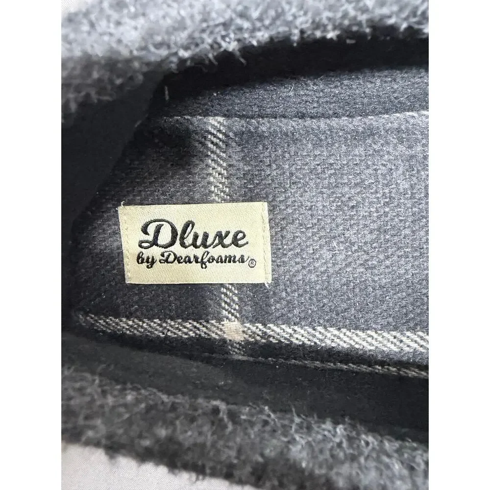 Dluxe by Dearfoams Mens Large 11-12 Charcoal Gray Moccasin Slipper Plaid Fleece